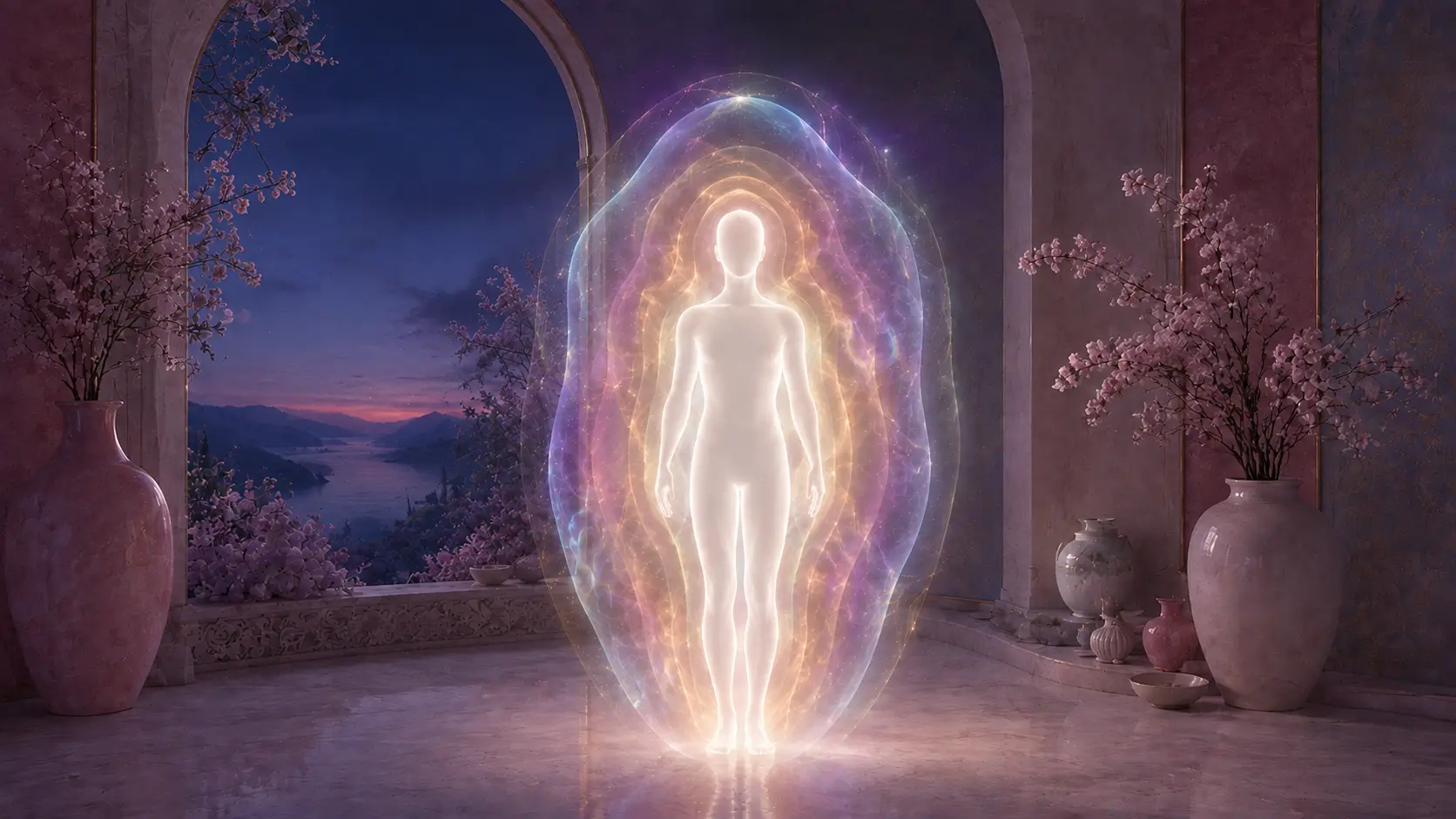 Seven layers of the human energy field surrounding a luminous figure