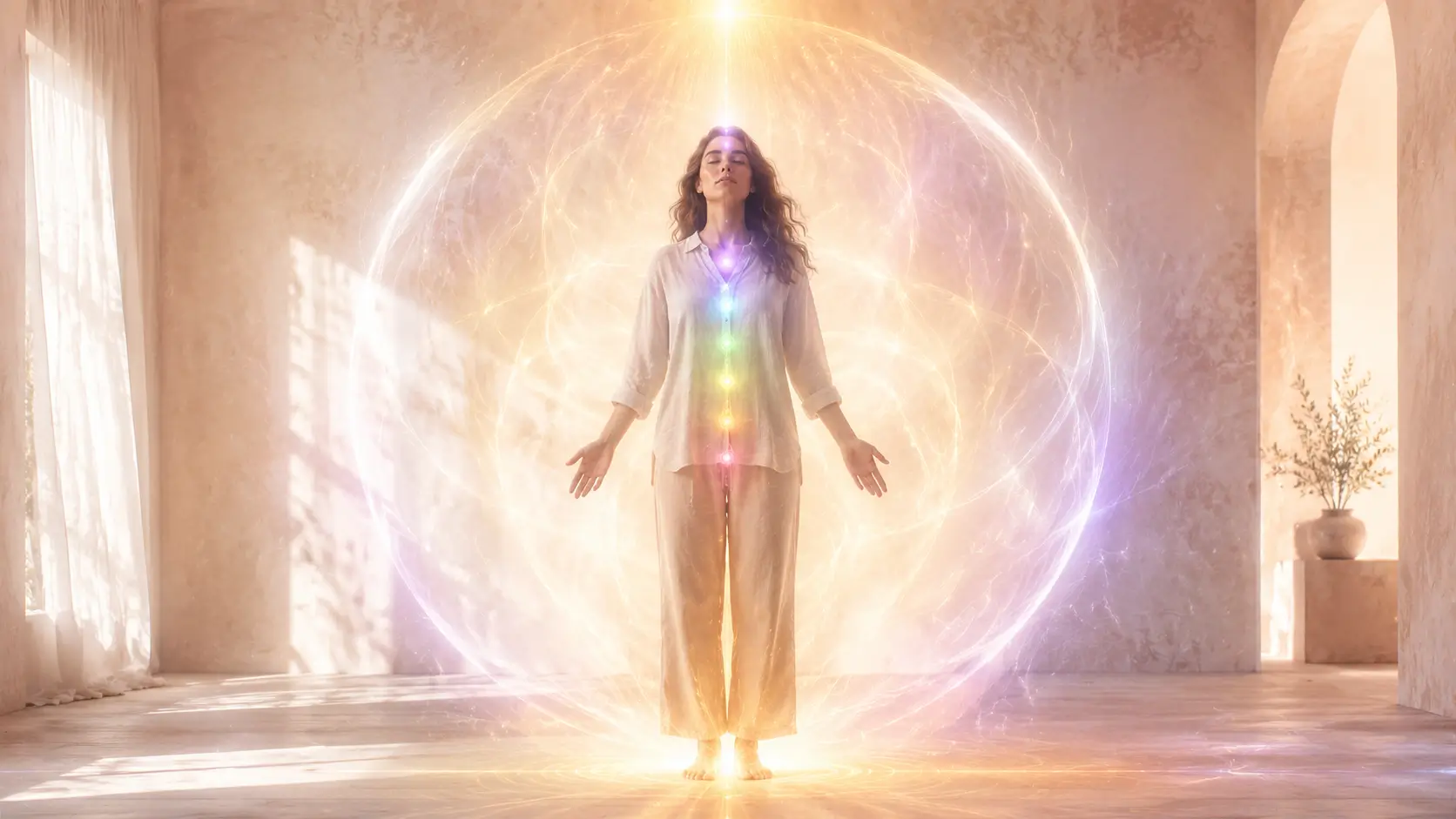 Person surrounded by flowing energy during a spiritual cleansing practice