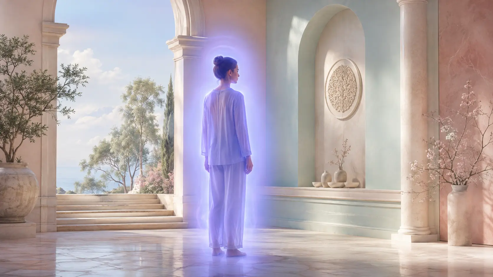 Person surrounded by a single violet aura in a calm pastel setting