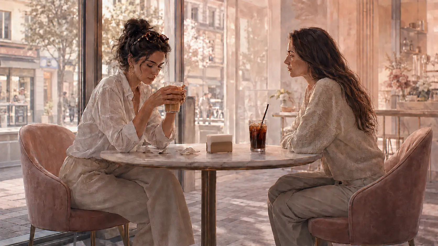 Two close friends meeting over coffee in a calm pastel café
