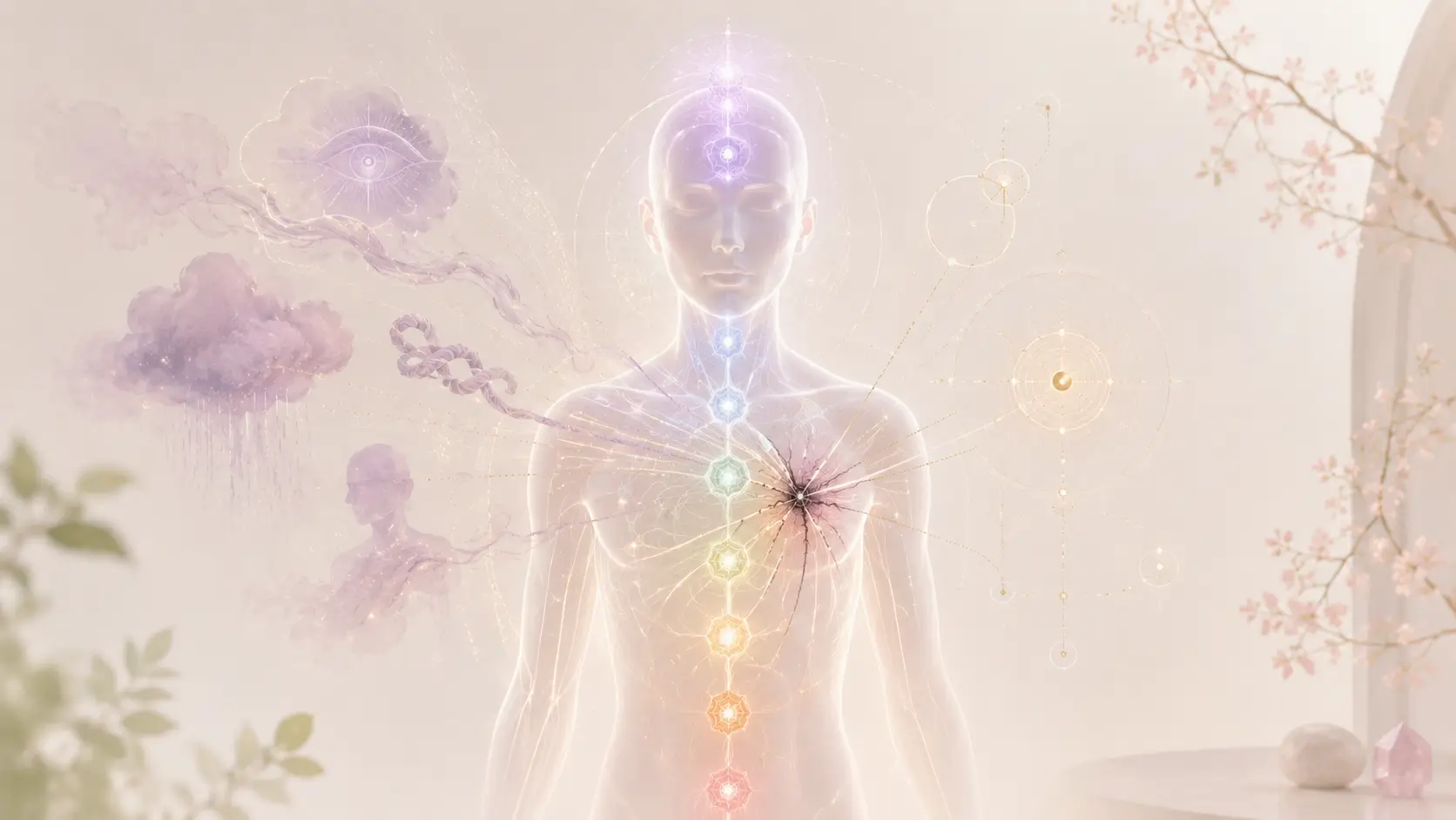 Energy field illustration showing a precise blockage behind spiritual symbols
