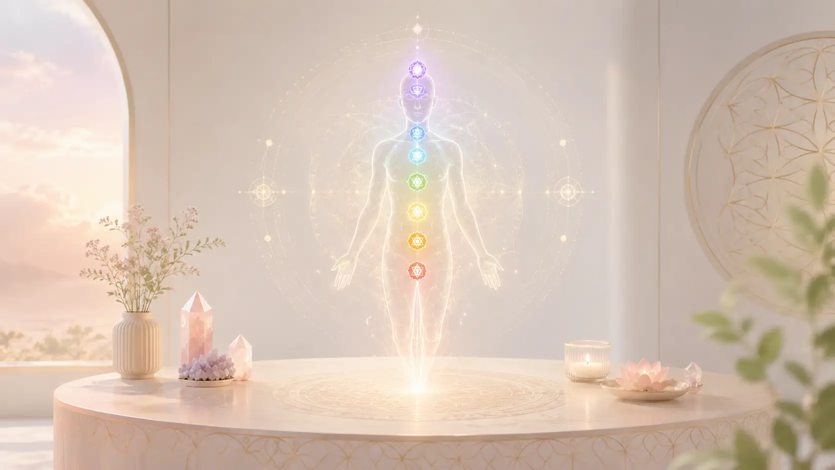 Cozy energy reading table in a quiet spiritual setting
