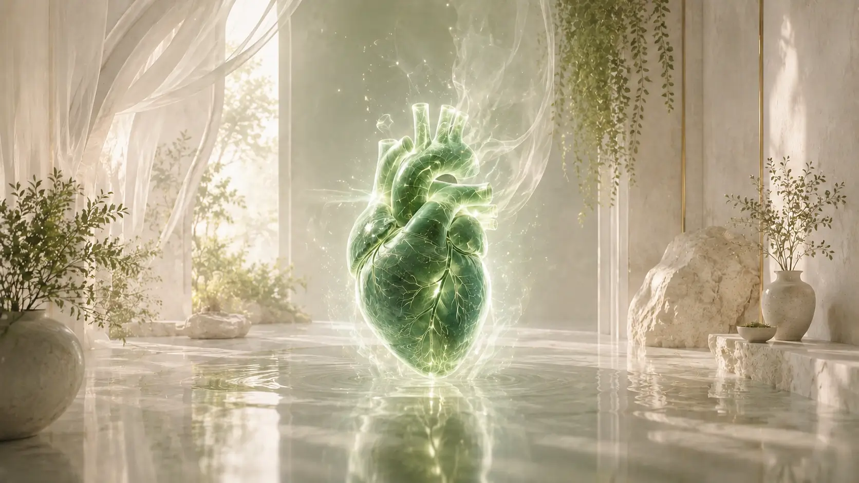 Luminous green anatomical heart in a calm pastel sanctuary