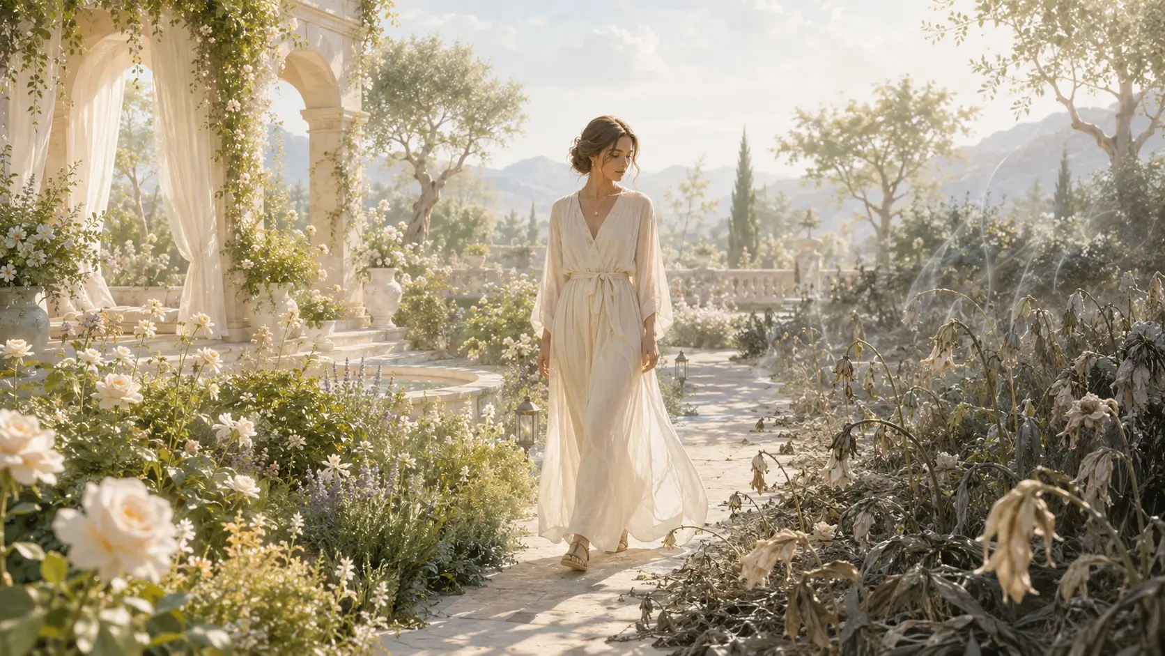 Woman walking between flourishing and wilted sides of a pastel garden