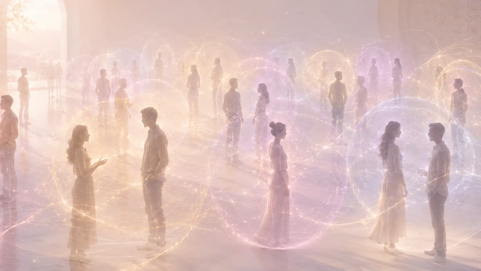 People interacting inside overlapping energy fields in a shared environment