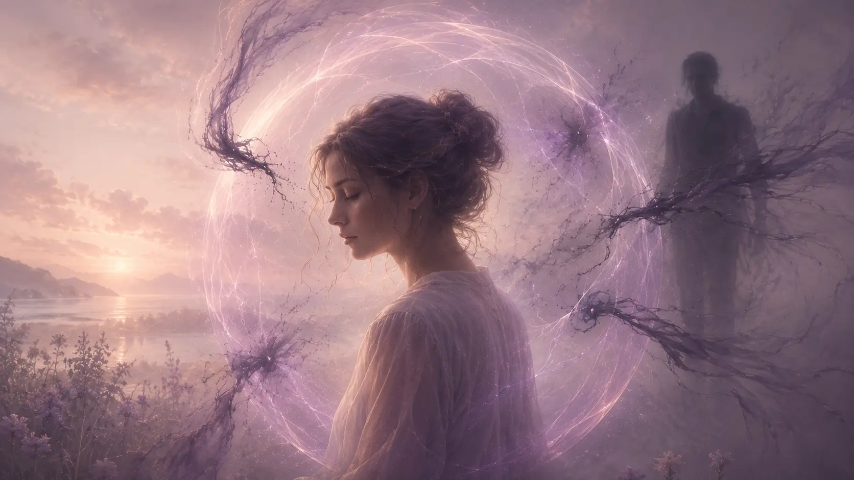 Dark energetic interference pressing against a person in a pastel landscape