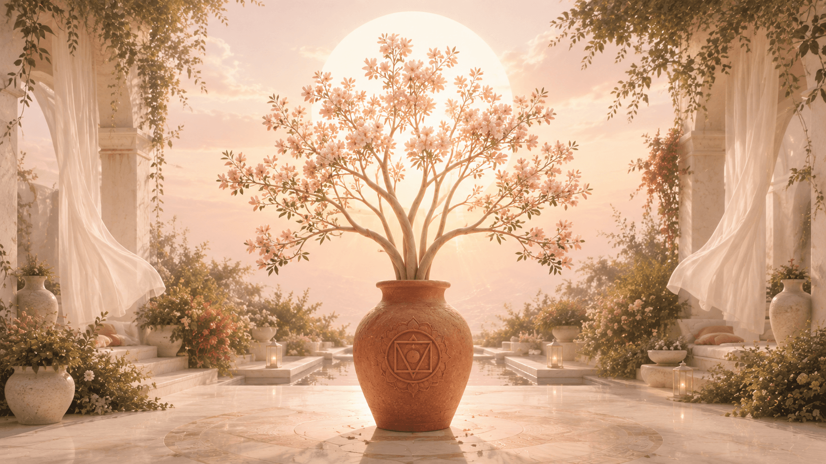 Root chakra symbol in a calm red pastel setting