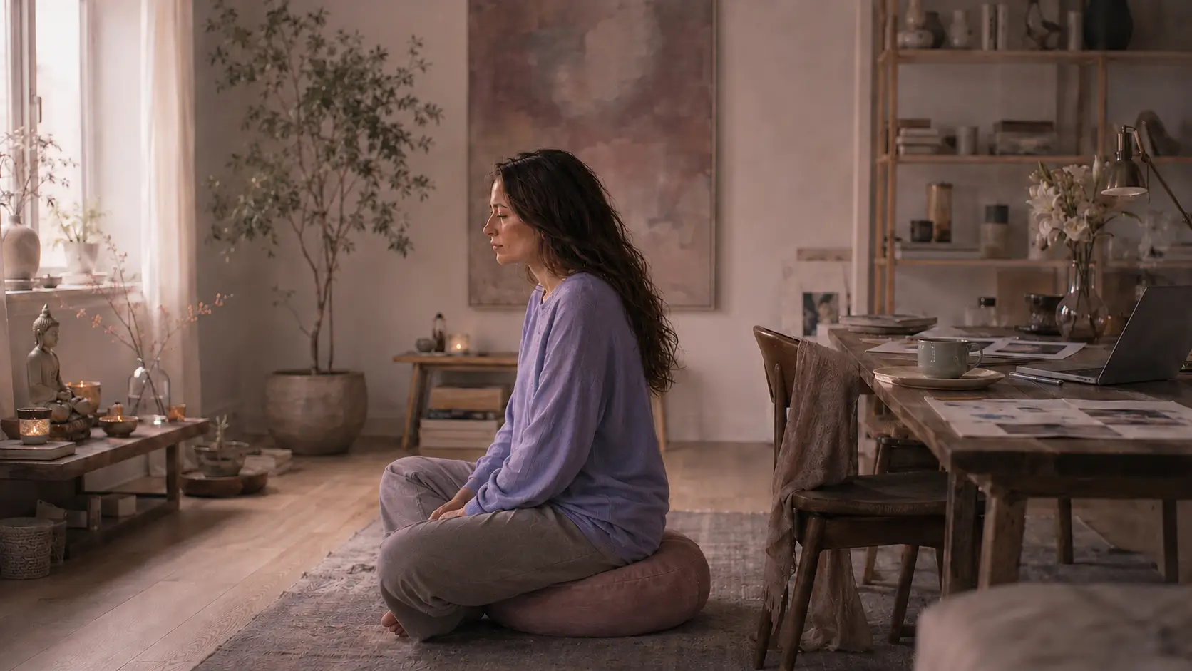 Nora sitting on a meditation cushion as her familiar apartment feels disconnected