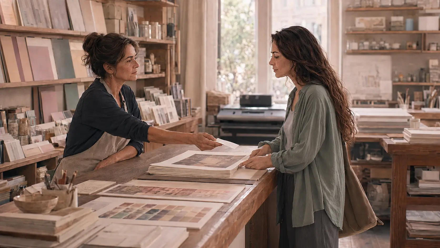 Nora receiving an energy field checkup referral at a print shop
