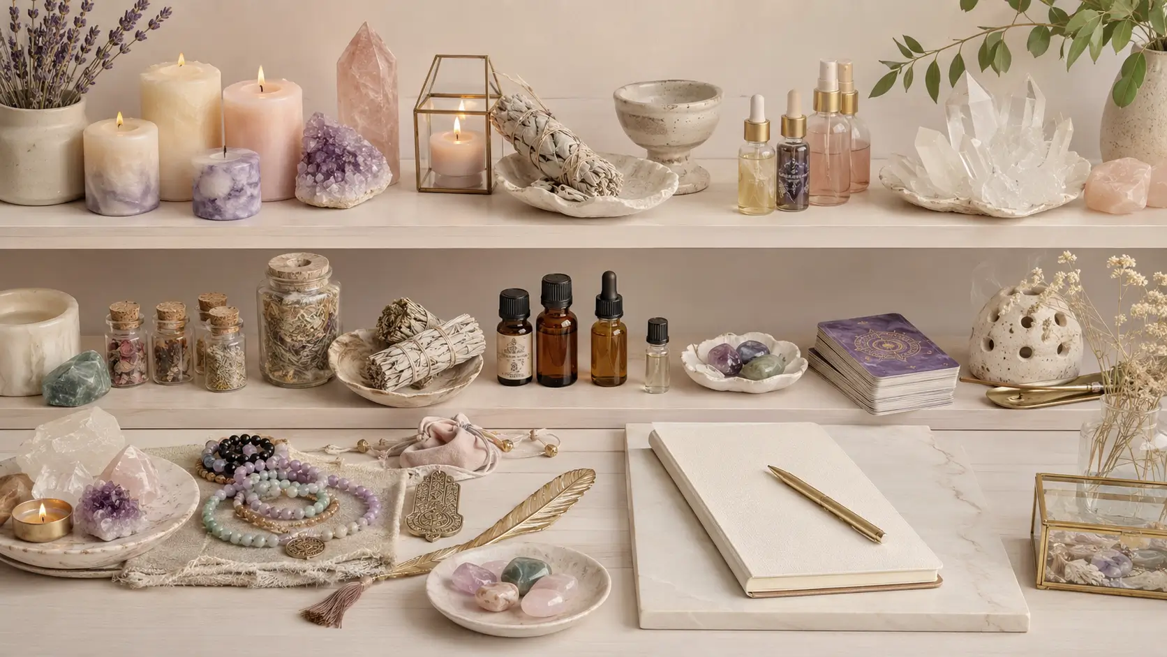 Spiritual marketplace shelf with candles, crystals, herbs, tarot cards, and a clean notebook for structured energy work