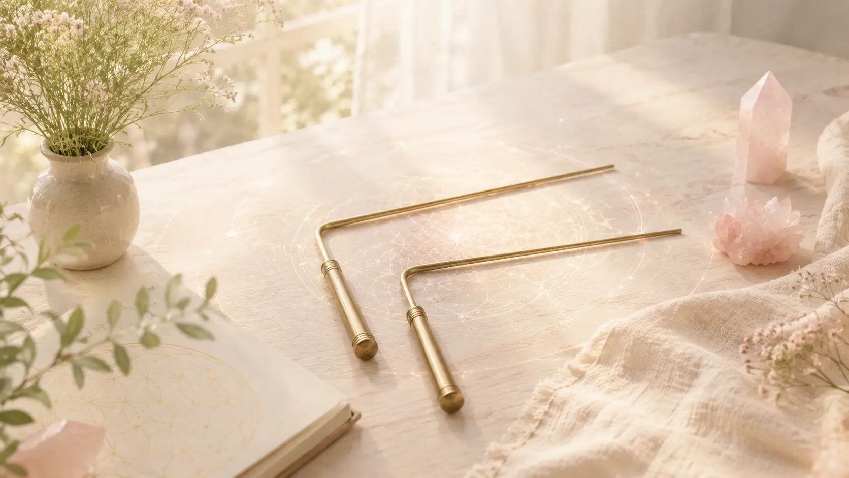 Dowsing rods placed on a table for an energy reading