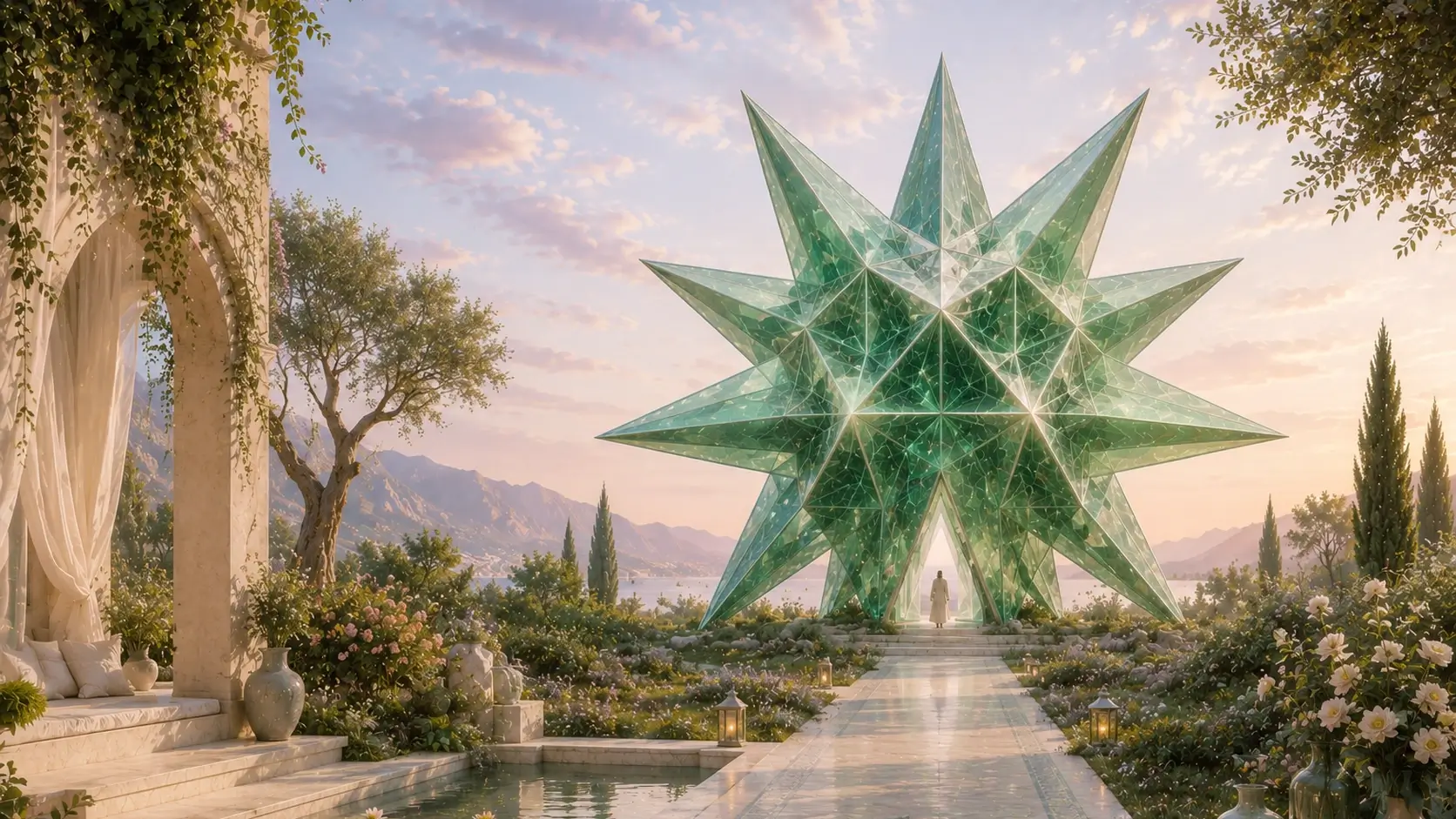 A green twelve-pointed Merkabah at the far edge of an inner landscape