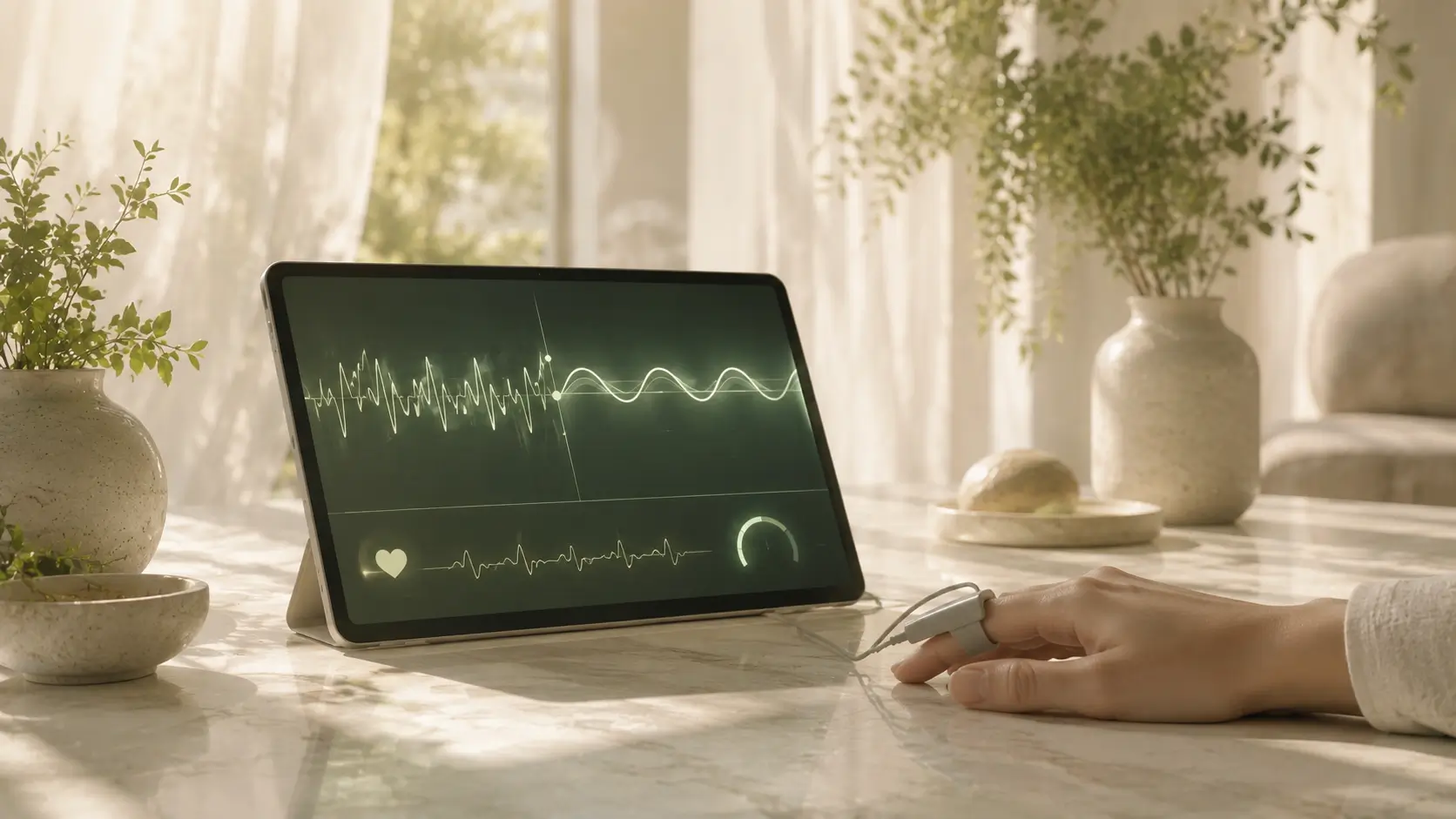 Heart coherence biofeedback showing an erratic rhythm settling into a smooth wave