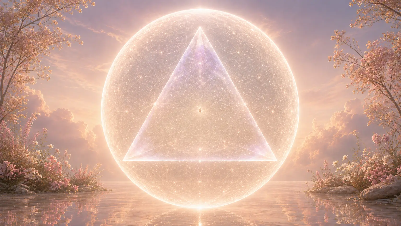 A tiny silhouette centered inside a translucent crystalline pyramid surrounded by a complete sphere of protective light