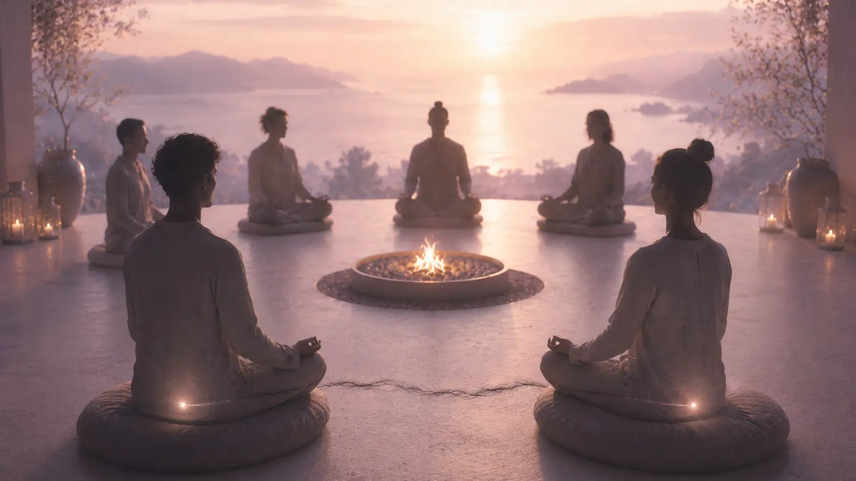 Meditation retreat showing a subtle dark energetic transfer between two people in a group